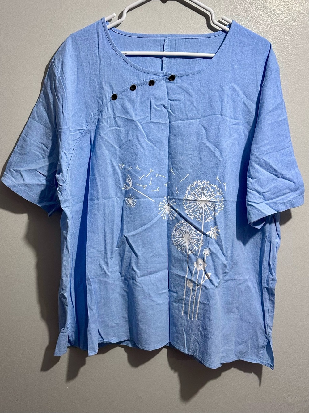 Light Blue Dandelion Print Blouse Asymmetric Button Detail Size 2XL (1486)